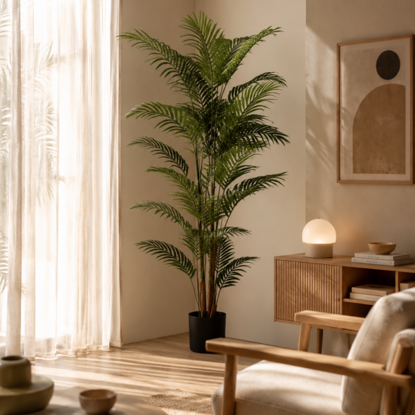 Palmera Phoenix artificial de Vellune Home en un salón japandi sereno con luz natural cálida, aparador de madera y decoración en tonos beige y tierra