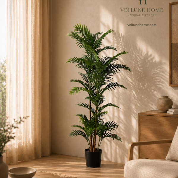 Palmera abanico artificial de 150 cm con hojas en abanico, tronco natural y maceta negra sobre fondo blanco, planta decorativa premium de Vellune Home