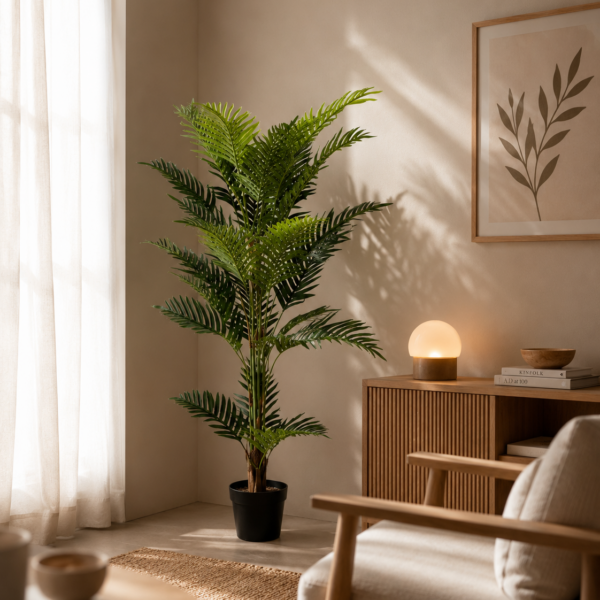 Palmera Areca artificial de 150 cm con maceta negra sobre fondo blanco, planta decorativa premium de Vellune Home
