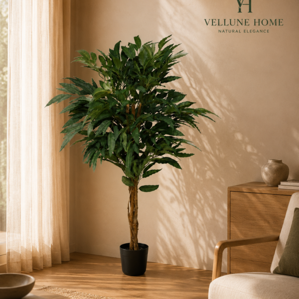 Árbol de mango artificial de 152 cm con follaje frondoso, tronco natural y maceta negra sobre fondo blanco, árbol decorativo premium de Vellune Home