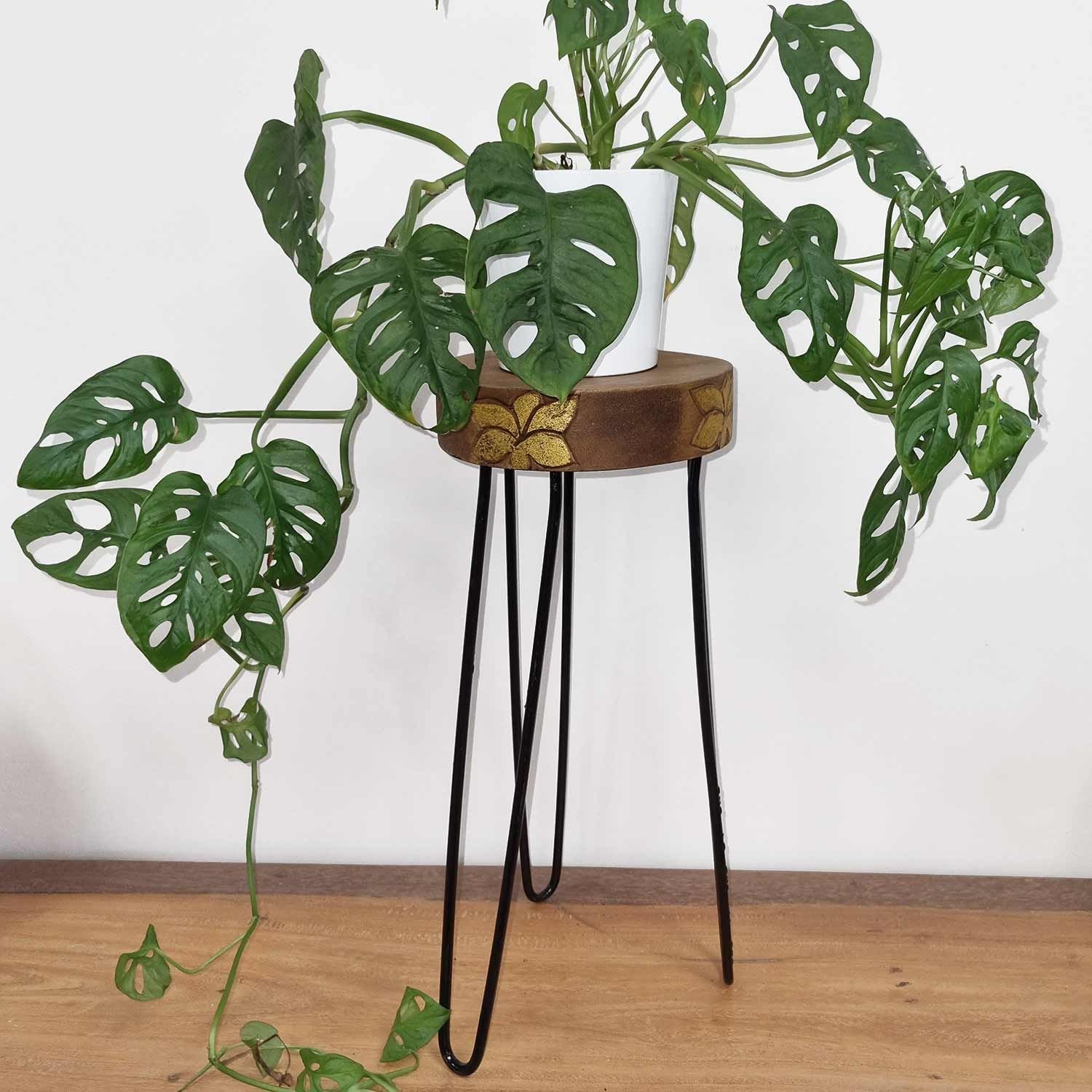 Soporte para plantas de madera — Natural y dorado - Imagen 2